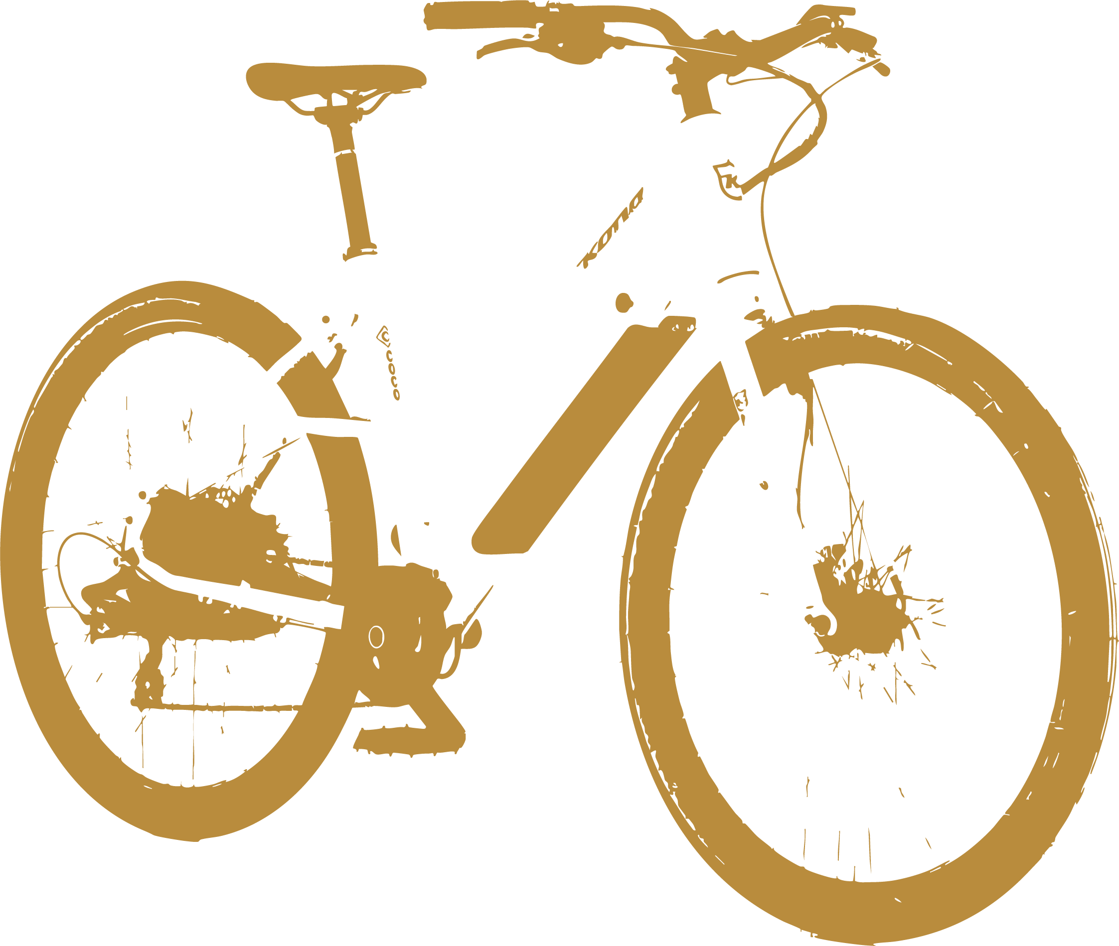 A stylized gold outline of a bicycle against a black background.