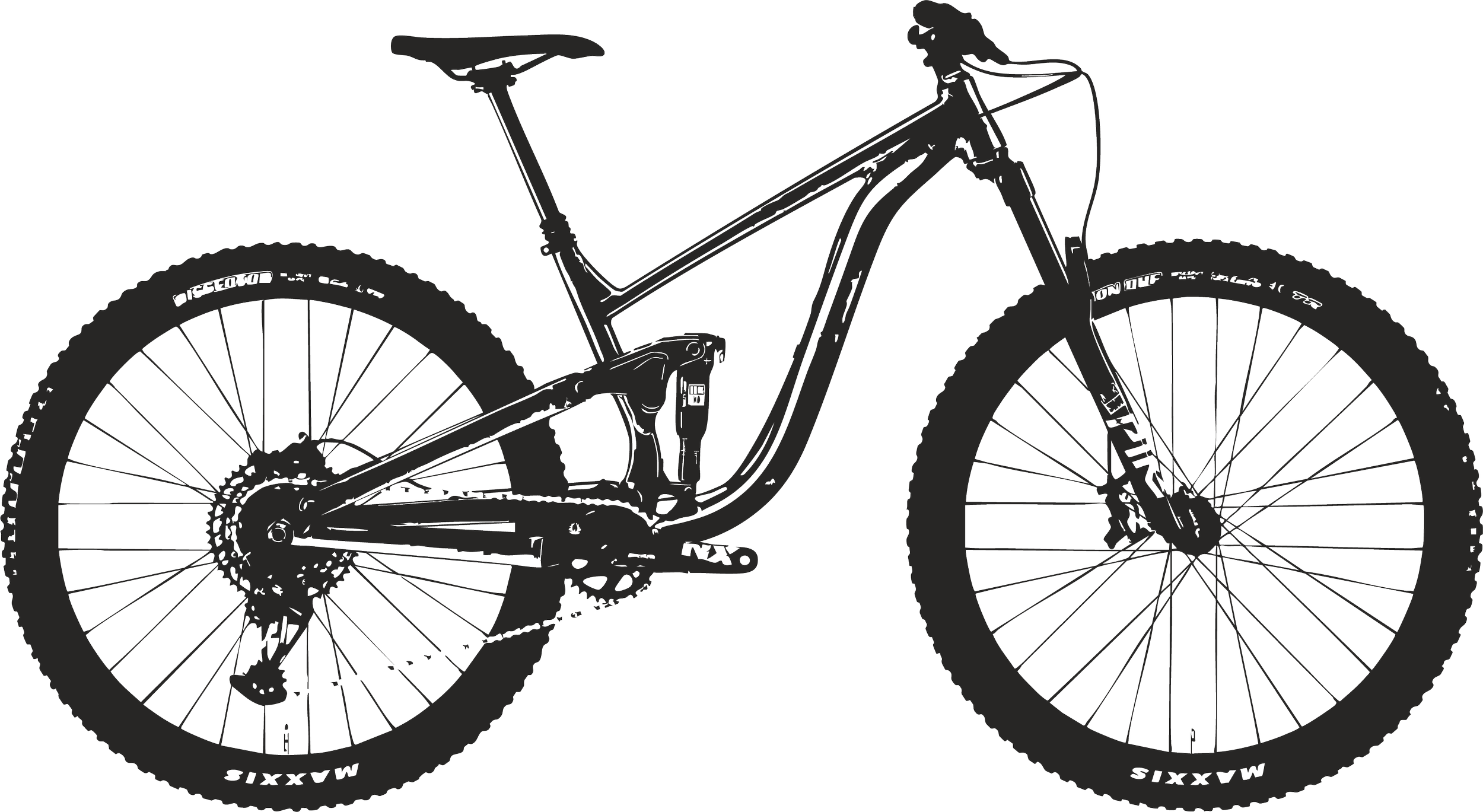 Outline drawing of a mountain bike with large knobby tires, front suspension, and a battery pack mounted on the frame.