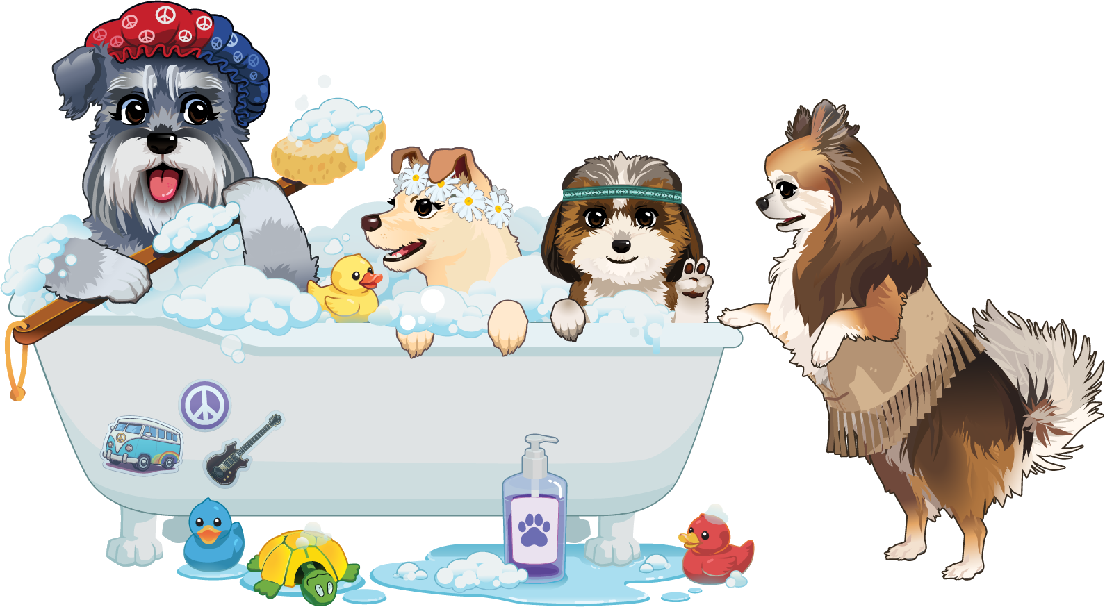 Group of dogs in a bubble bath with rubber ducks, soap bubbles, a rubber turtle, and a rubber duck in front, with a soap dispenser nearby. One dog is wearing a red, white, and blue hat with peace symbols, and another is wearing a flower crown. They are surrounded by bubbles and appear happy.