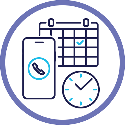 Icons of a mobile phone with a call symbol, a calendar with a checkmark, and an analog clock.