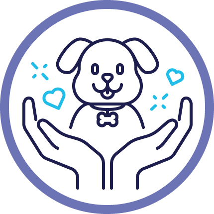 Line drawing of a dog surrounded by hearts, held by two outstretched hands, enclosed in a circular border.