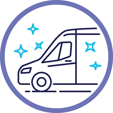 Line drawing of a van with sparkles around it, inside a circular border.