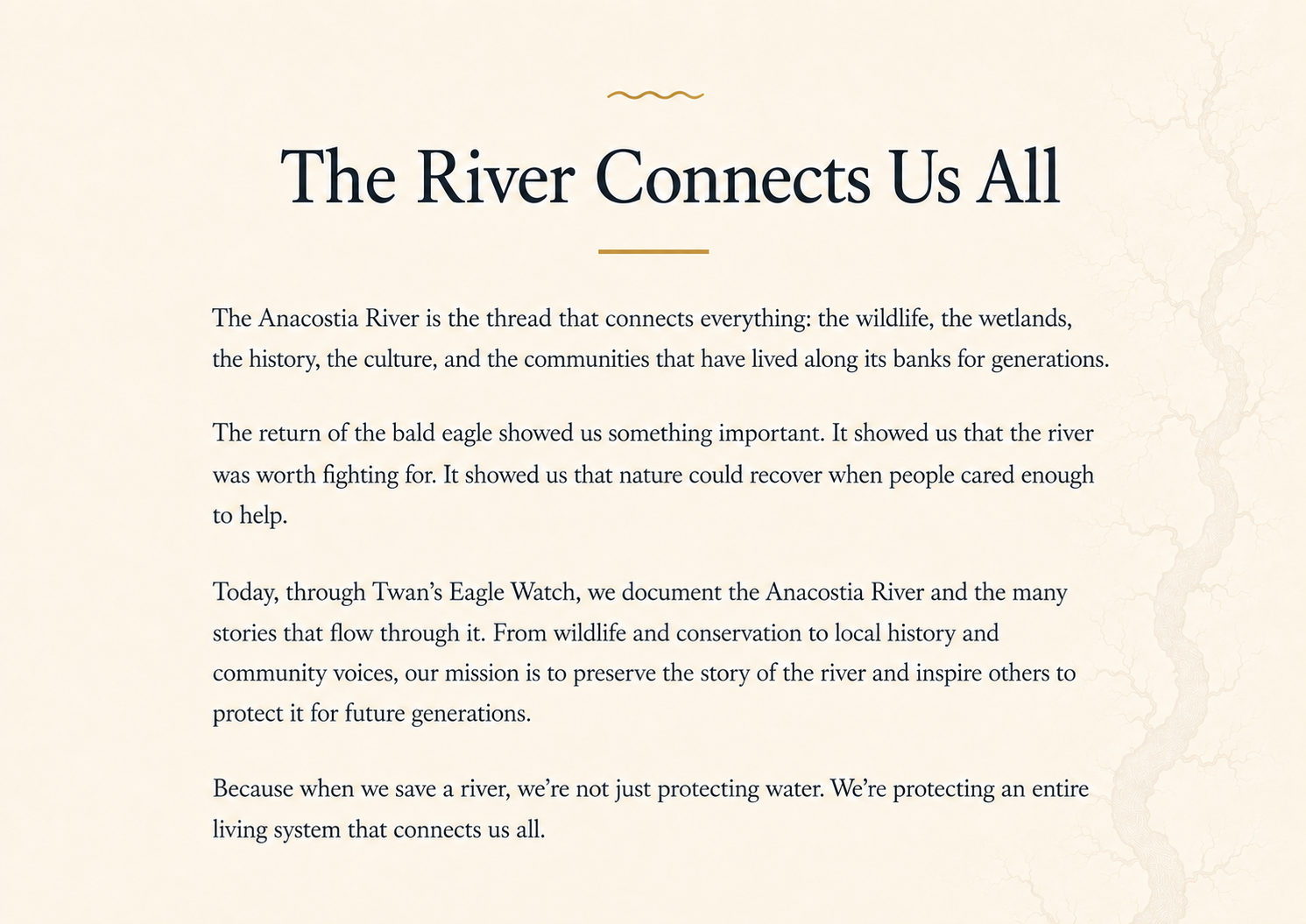 Museum-style panel titled The River Connects Us All, explaining how the Anacostia connects wildlife, wetlands, history, culture, and communities.