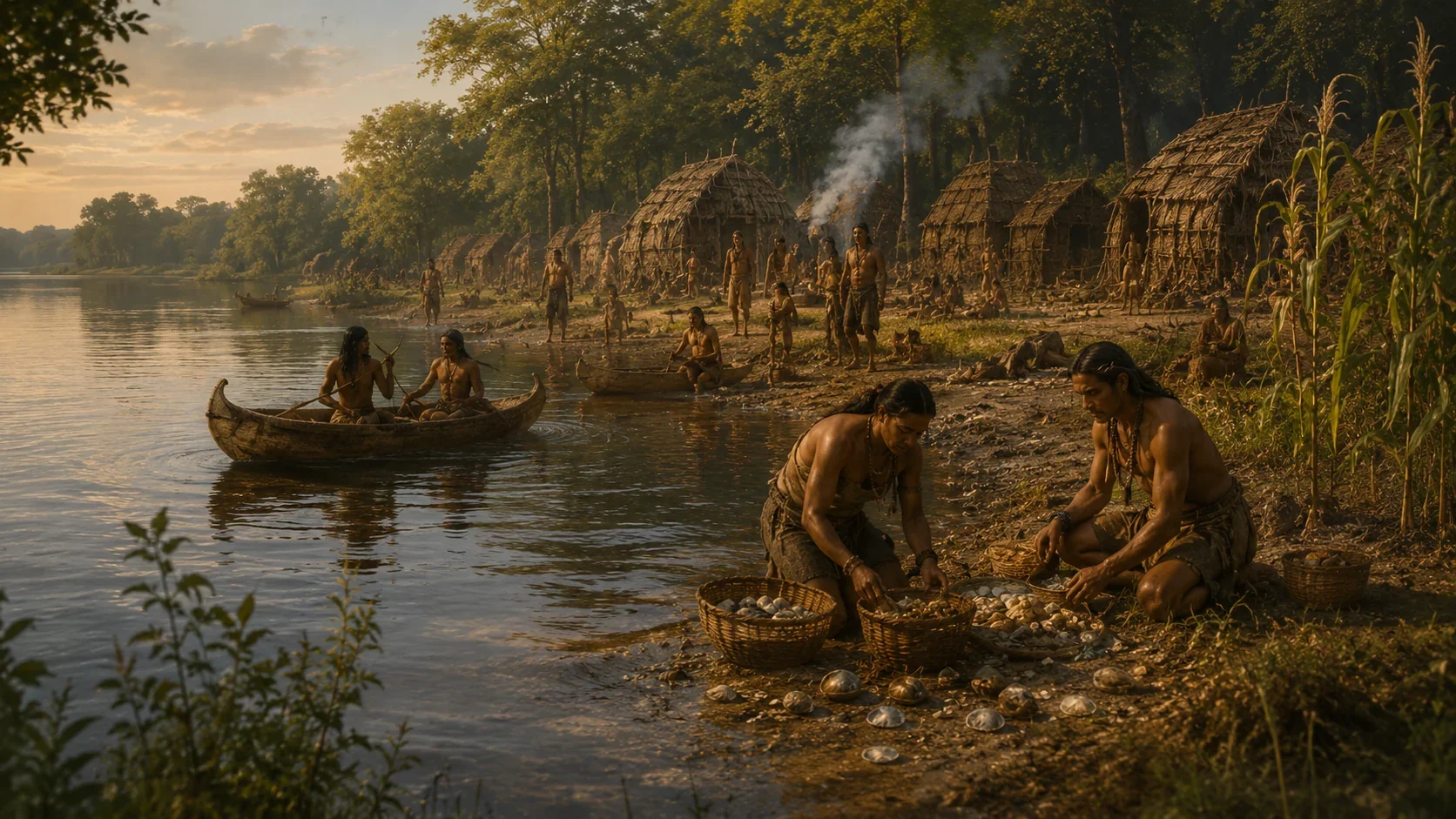 Interpretive educational artwork of a broad tidal river, wetlands, forest, and a distant settlement.