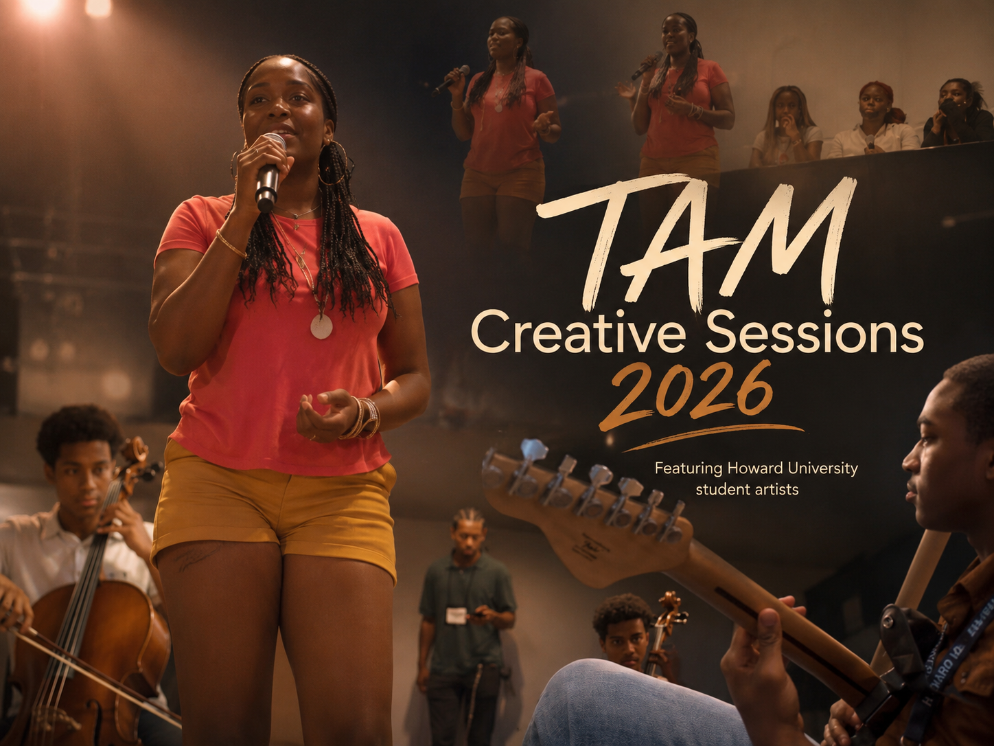 Illustrative promotional artwork for TAM Creative Sessions 2026, showing a singer and young musicians in a staged creative-production collage.