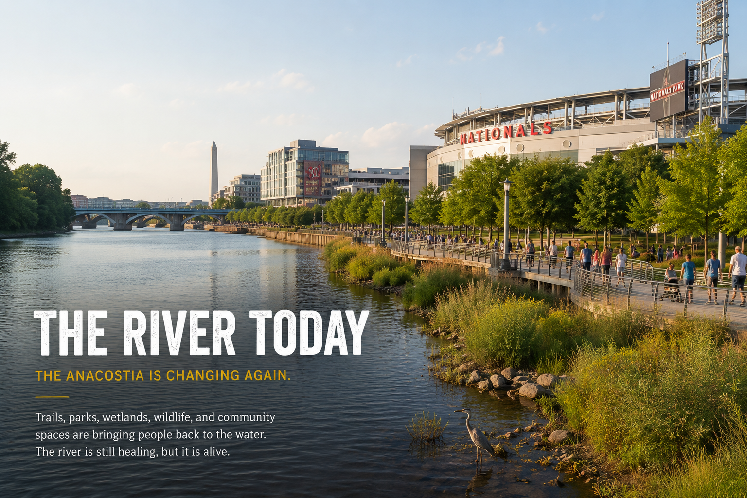 The Anacostia River beside Nationals Park, with people using the riverwalk and a heron at the shoreline.