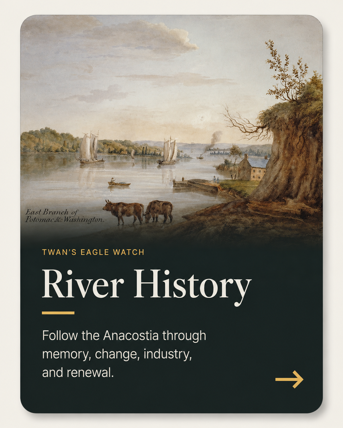 River History card linking to the documented history and changing life of the Anacostia River.