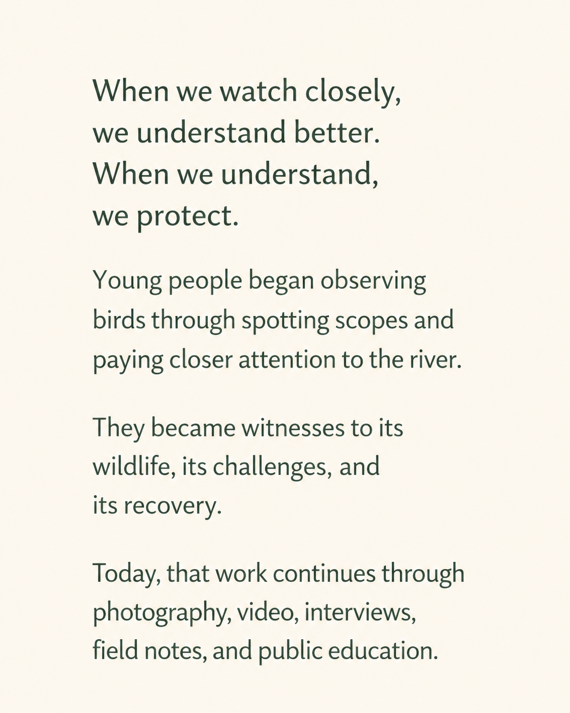Watching the River panel showing a young person using binoculars beside the Anacostia River and describing observation through photography, video, interviews, and field notes.