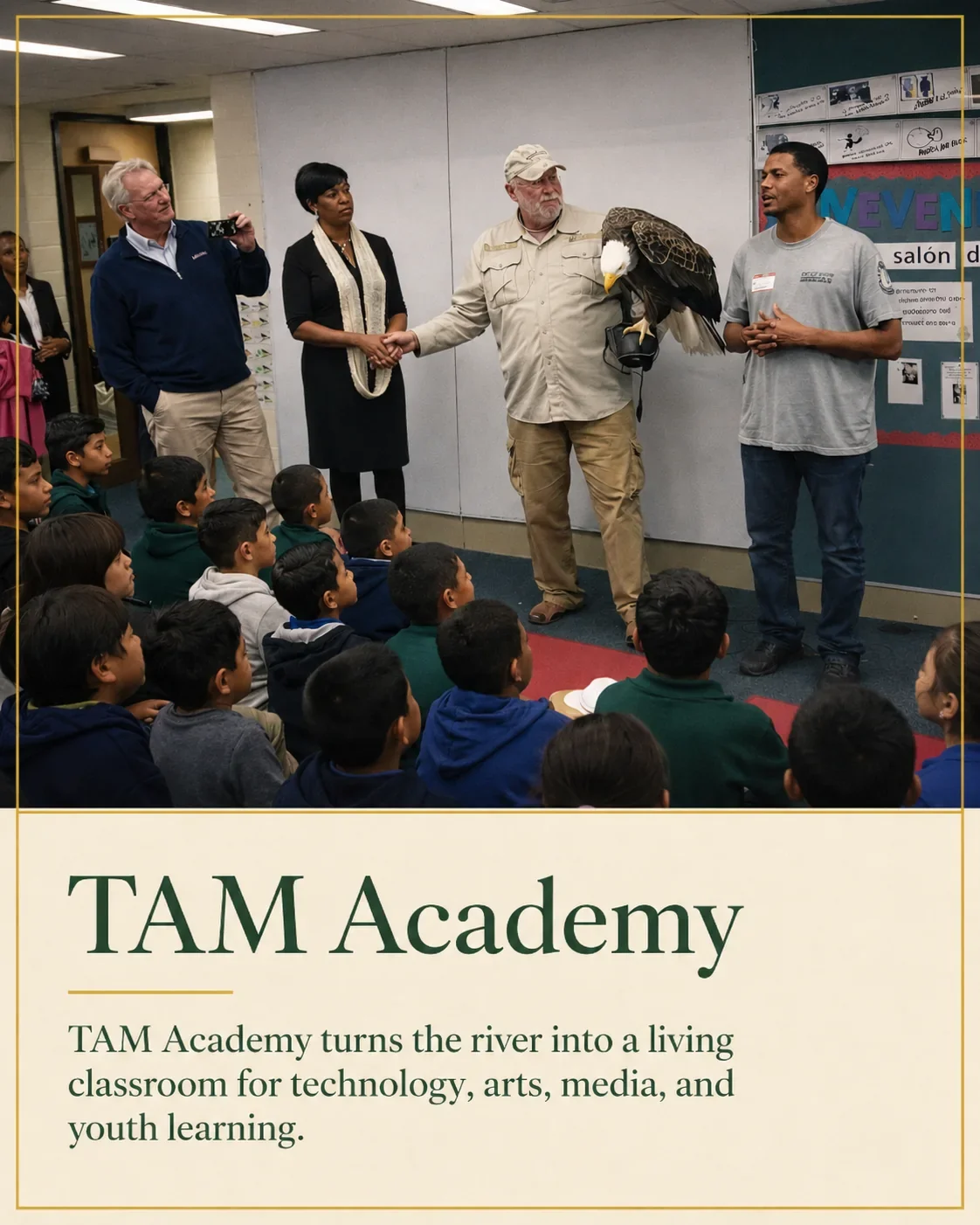 TAM Academy card showing young people gathered for hands-on media and technology learning.