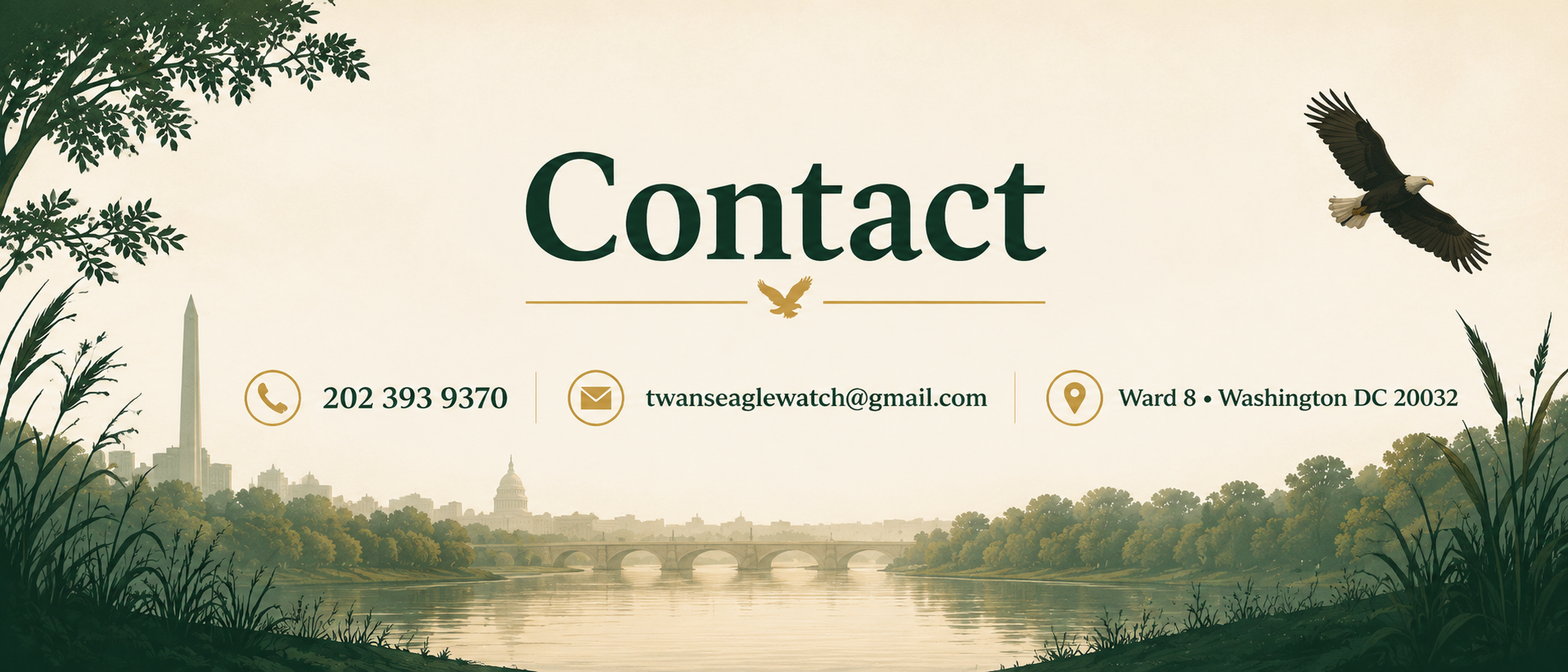 Contact banner for Twan's Eagle Watch Foundation listing 202 393 9370, twanseaglewatch@gmail.com, and Ward 8, Washington, DC 20032, above an Anacostia River landscape.