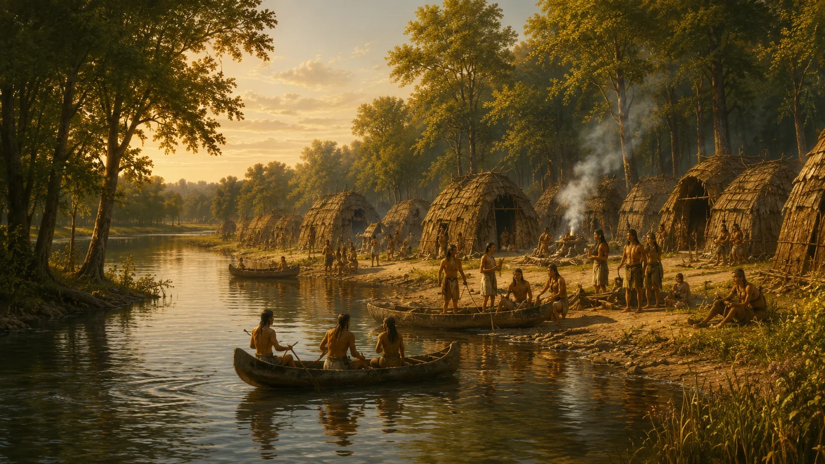 Interpretive reconstruction of an Indigenous riverside settlement along the ancestral Anacostia landscape, with canoes, shoreline activity, dwellings, forest, and tidal water; educational artwork, not a historical photograph.