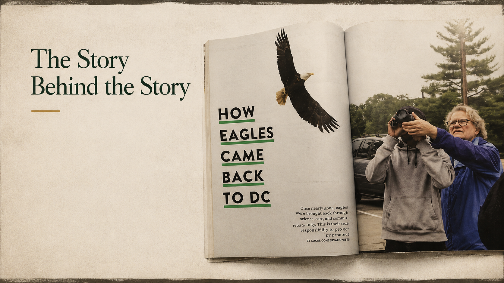 The Story Behind the Story collage showing an open book, a flying bald eagle, and people observing wildlife with binoculars.