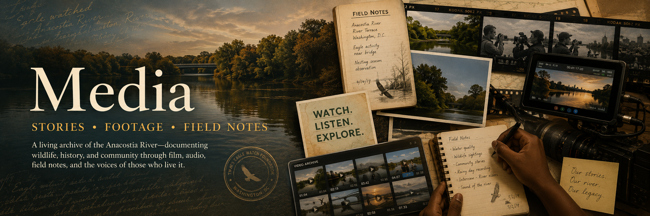 Media Archive banner combining the Anacostia River, handwritten field notes, video monitors, and a person documenting the record.