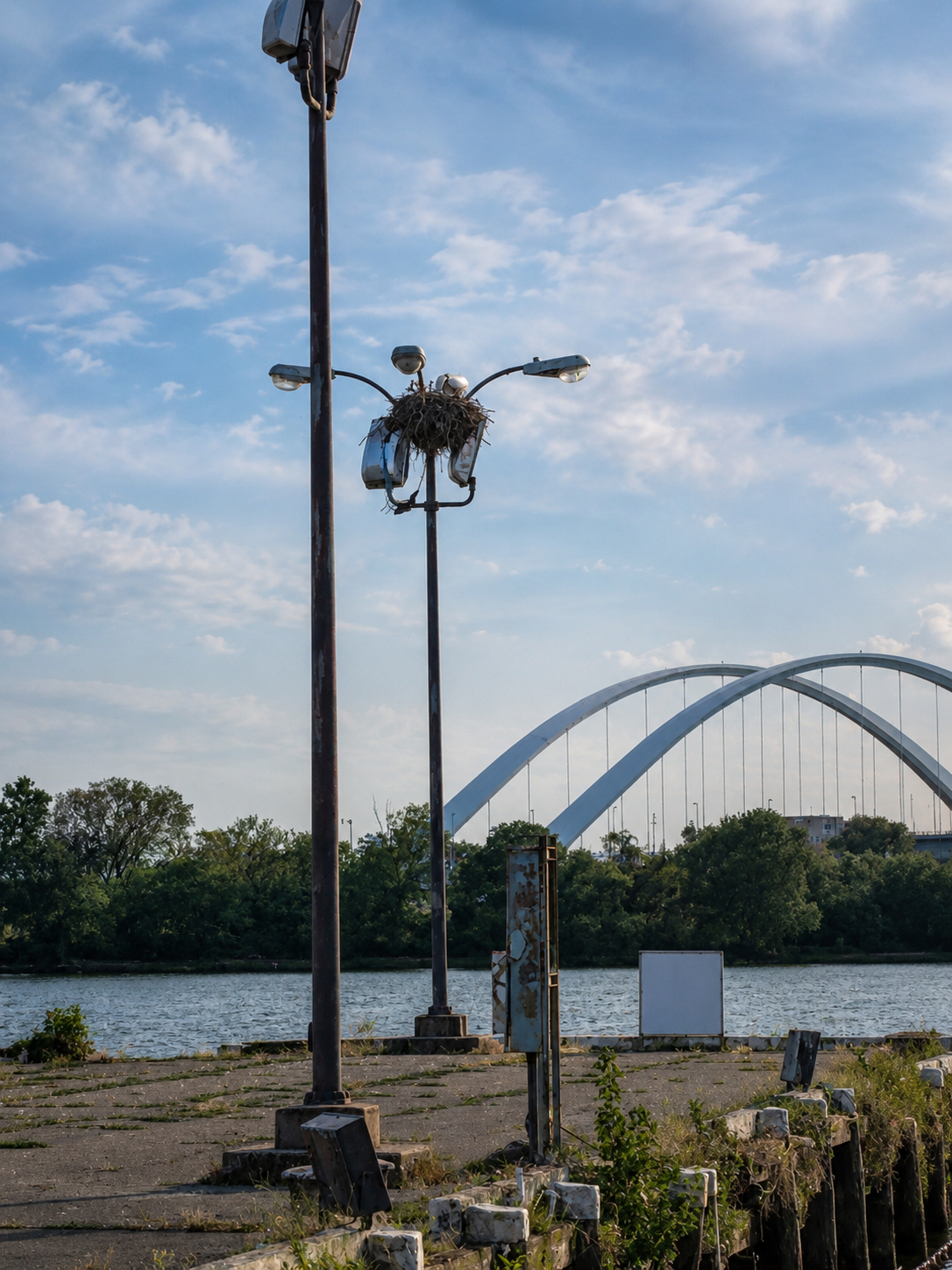 Osprey nest built on a light pole beside the Anacostia River at the Navy Yard, with the Frederick Douglass Memorial Bridge behind it, photographed by Twan Woods on September 1, 2026.