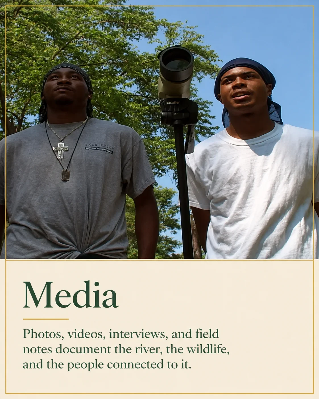 Media card showing two archival portraits alongside text about photographs, film, interviews, and field notes.