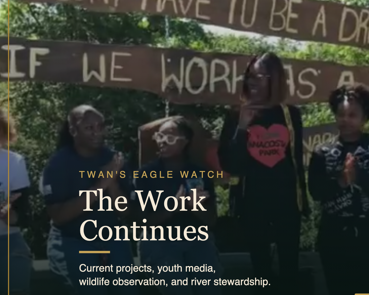 The Work Continues card featuring young people and community partners at a river stewardship event.