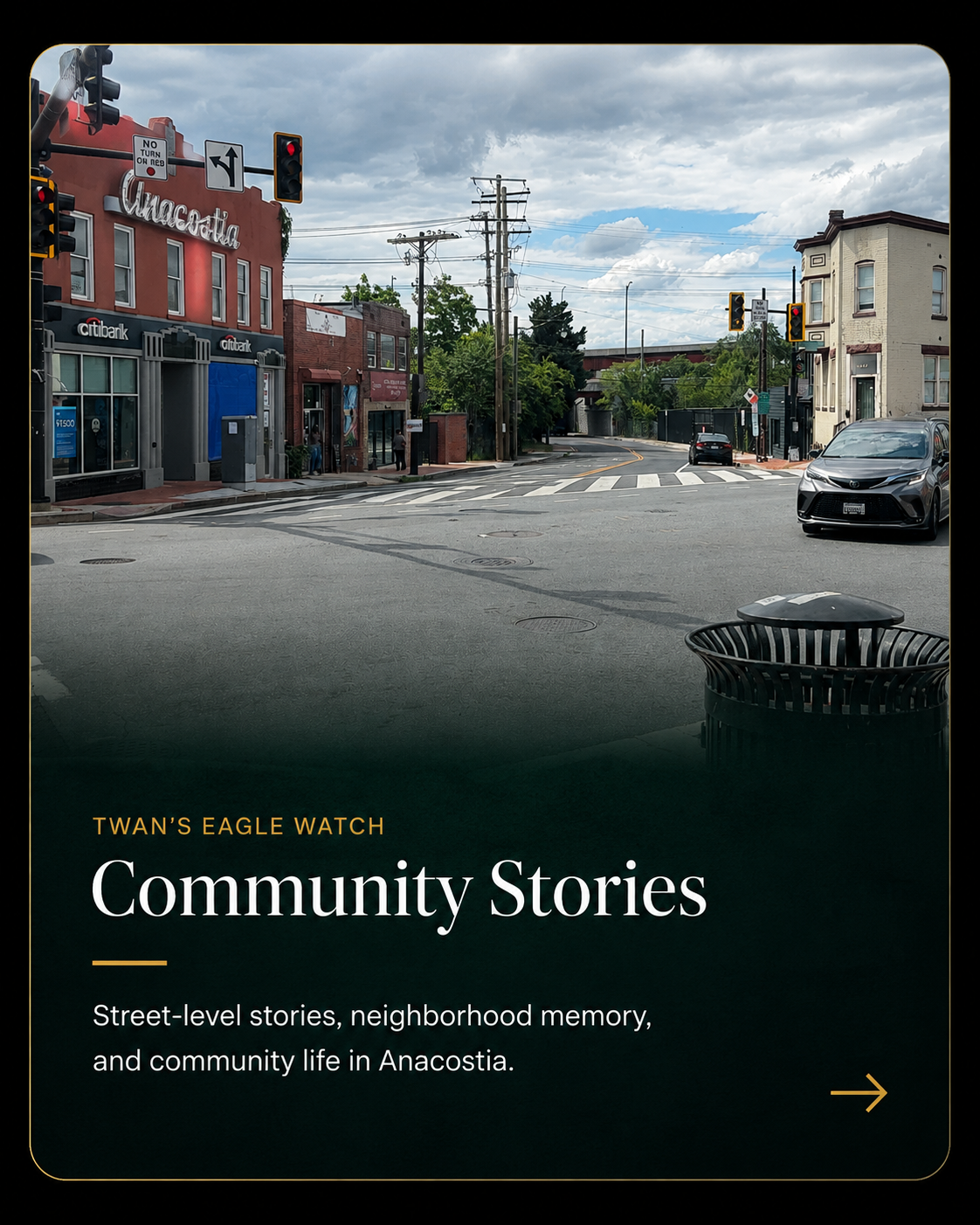 Community Stories card showing an Anacostia neighborhood street scene and inviting visitors to explore local voices and memories.