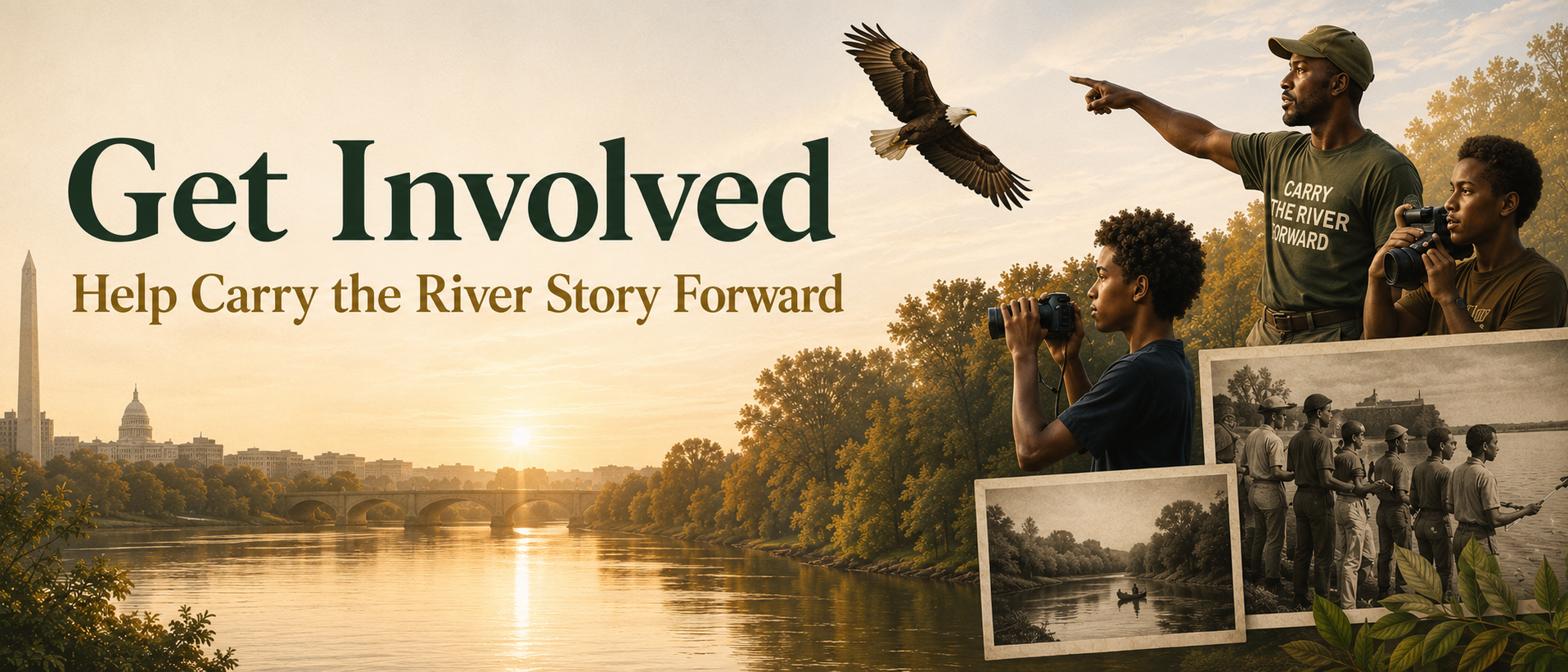 Get Involved banner showing community members photographing a bald eagle above the Anacostia River, with historic photographs layered beside them.