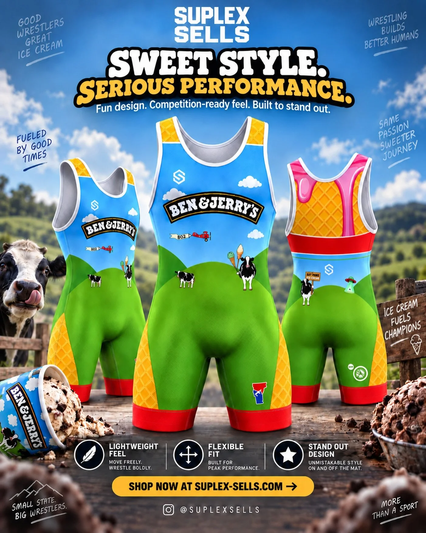 NEW Ben &amp; Jerry&rsquo;s Suplex Singlet now available 

Bundle any 2 singlets for 135 with FREE shipping