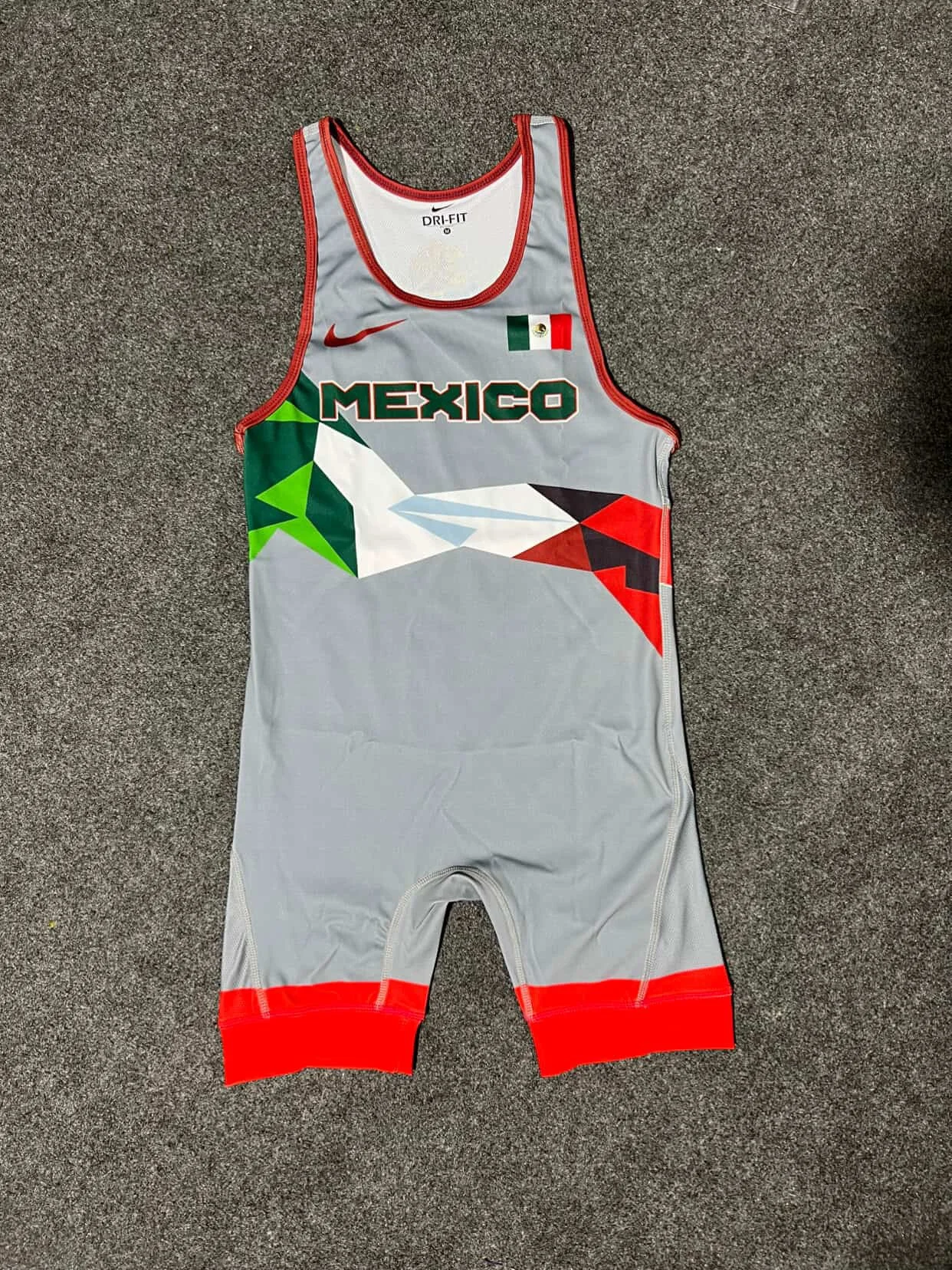 Grey Red Mexico Flag Wrestling Singlet