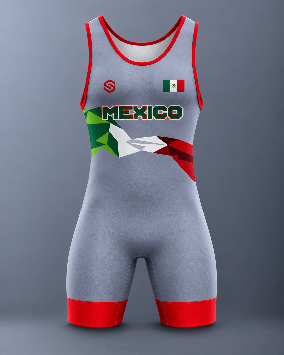 Grey Red Mexico Flag Wrestling Singlet