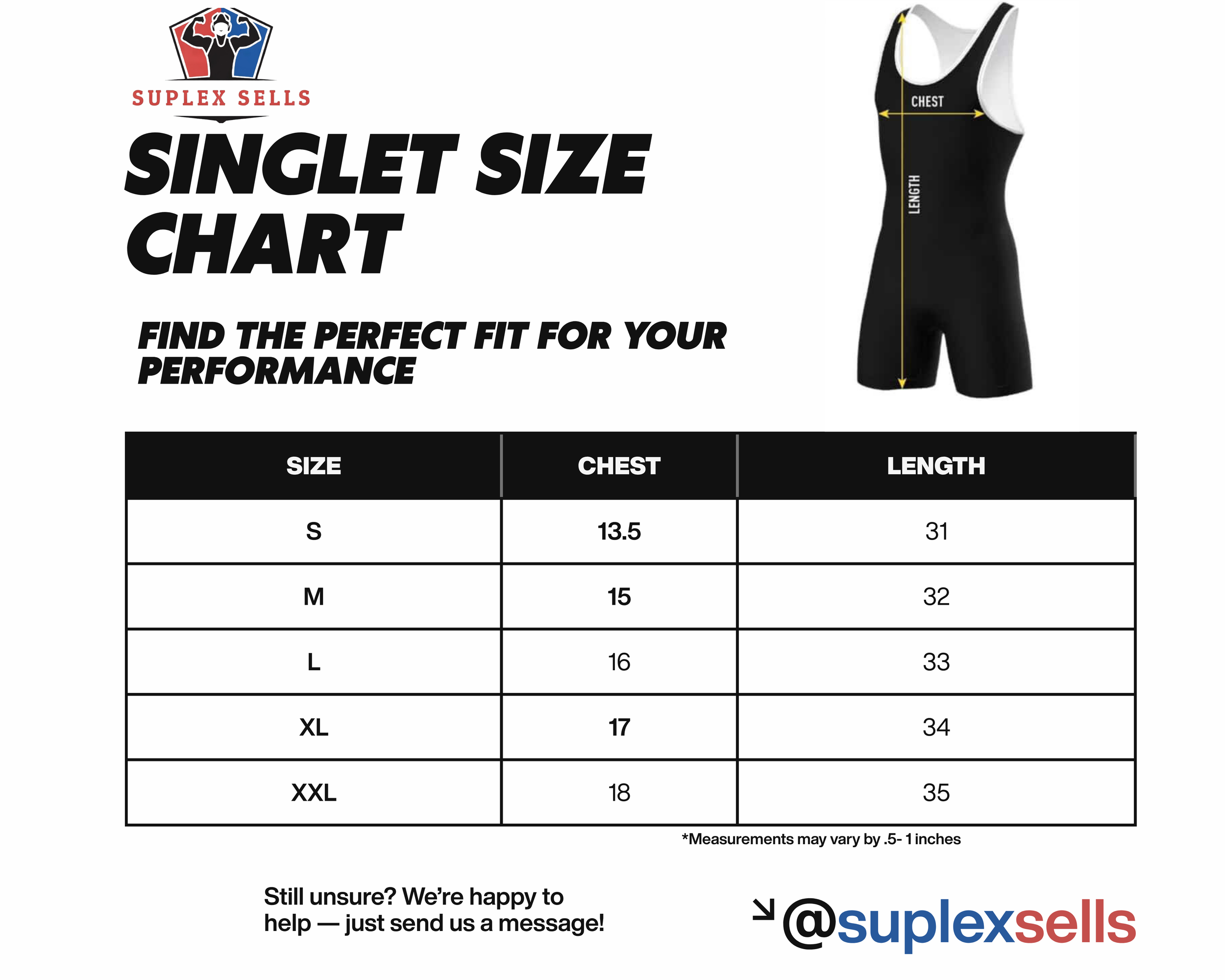 Suplex Sells logo with an illustration of a person flexing muscles, followed by the text 'SIMPLEX SELLS SINGLE SIZE CHART' and a subtitle 'FIND THE PERFECT FIT FOR YOUR PERFORMANCE'. The image displays a size chart for a sleeveless athletic suit, showing measurements for chest and length across sizes small to XXL, with an illustration of a black sleeveless athletic suit with yellow measurement lines for chest and length.
