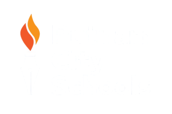 Putnam City Schools logo featuring a white fountain pen nib with an orange flame on top, and the text 'Putnam City Schools' beside it.