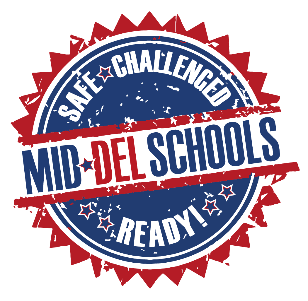 A badge with a red, white, and blue color scheme that reads 'Save challenged mid-Del Schools ready' in a circular and banner design, with distressed textures and star accents.