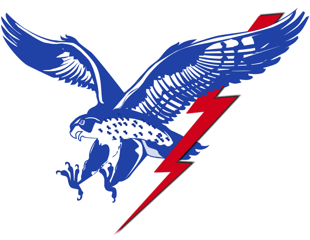 A stylized blue eagle with outstretched wings, perched on a red lightning bolt, against a black background.