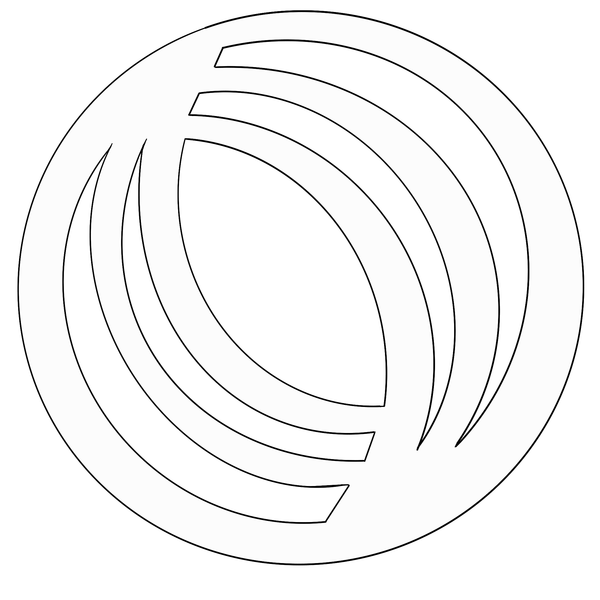 Black background with a white geometric circular pattern of curved lines.