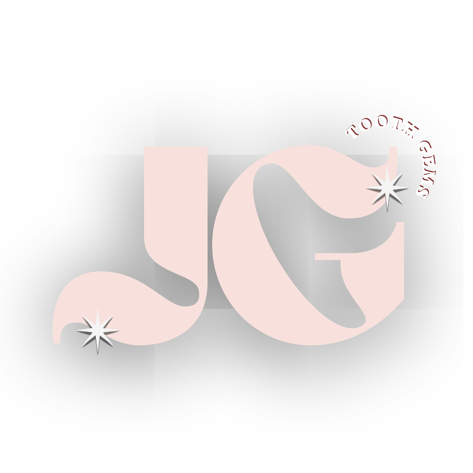 A stylized illustration of a large pink tooth with a small sparkle and the phrase "Tooth Gems" in curved text around a starburst icon on a black background.