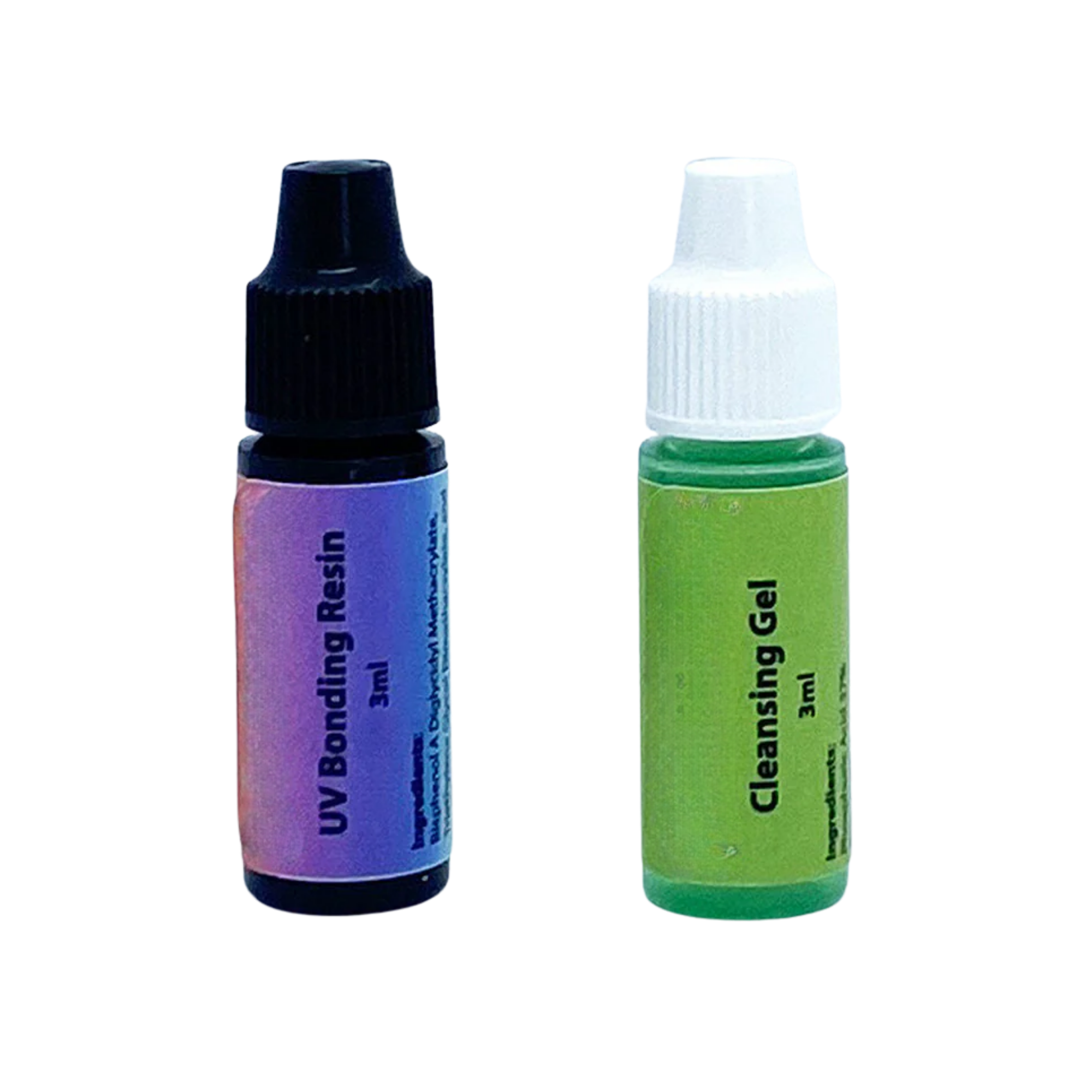 Two small bottles of eye drops, one with a purple label and the other with a green label, both with white caps.