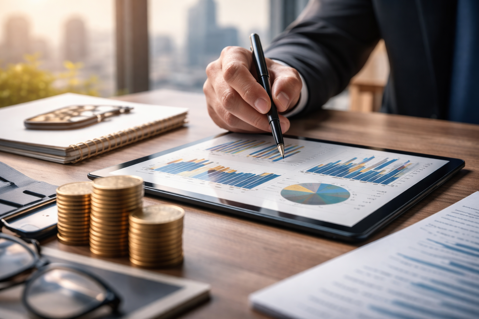 A person in a suit analyzing financial charts and graphs on a tablet, with stacks of coins, a calculator, notebooks, and eyeglasses on a wooden desk in an office with a city view in the background.