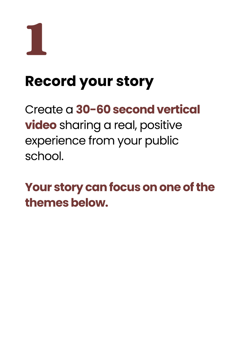 Step 1 guide on creating a short vertical video about a positive school experience, encouraging focusing on one theme.
