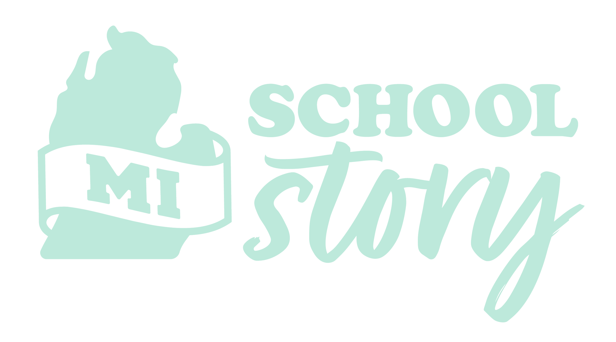 A light green illustration of a paper stack with an apple on top, the apple has a sticker with the words 'MI' on it. To the right, the text reads 'School is fun' in a playful font.