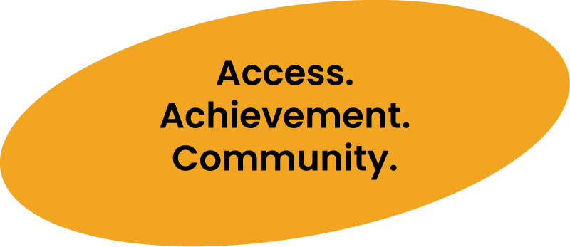 Orange oval shape with black text that reads "Access. Achievement. Community."