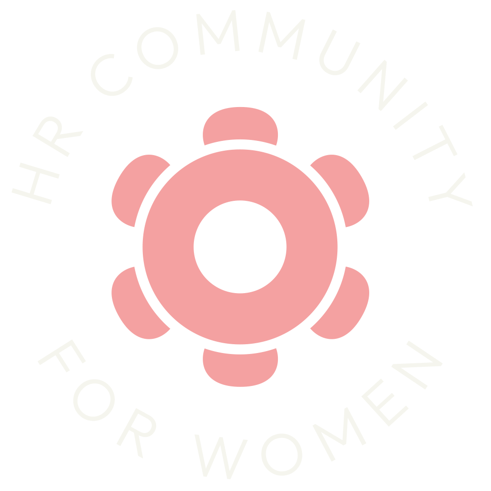 Logo with a pink stylized camera icon in the center, surrounded by the text 'HR COMMUNITY FOR WOMEN' in white on a black background.