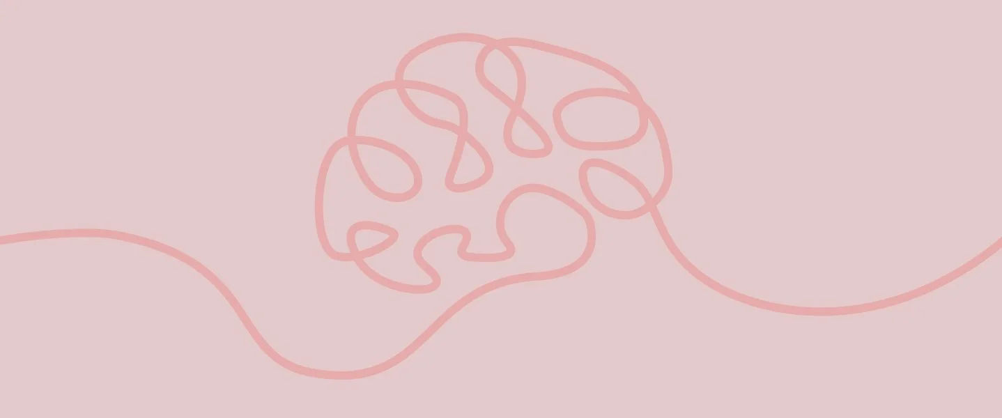 A pink background with a simple, continuous line drawing of a brain.