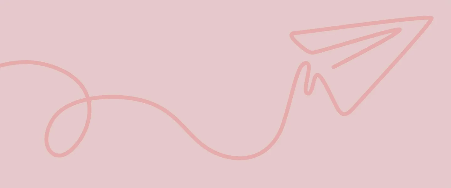 Pink background with a thin, curly, continuous line forming a paper airplane.