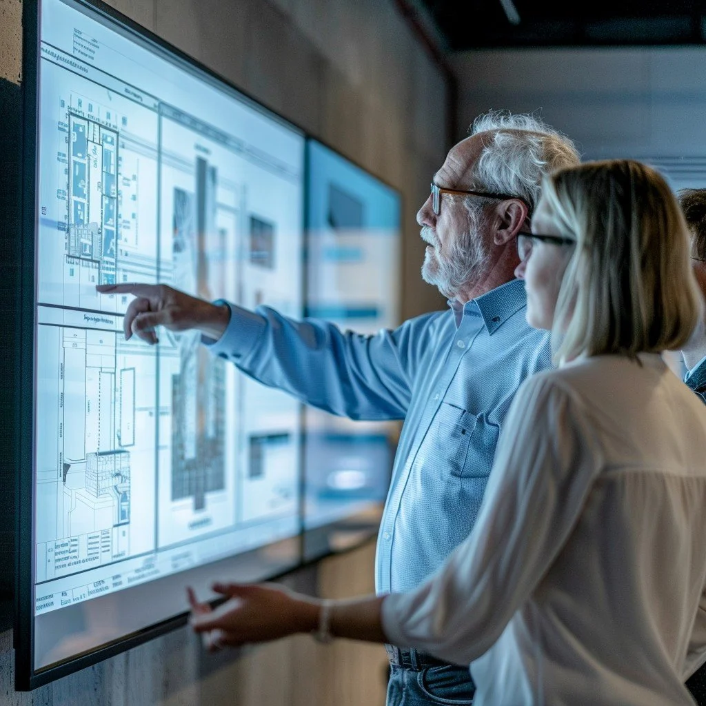 Three people, including a man with gray hair and beard pointing at architectural plans on a large digital screen, while two women look on.