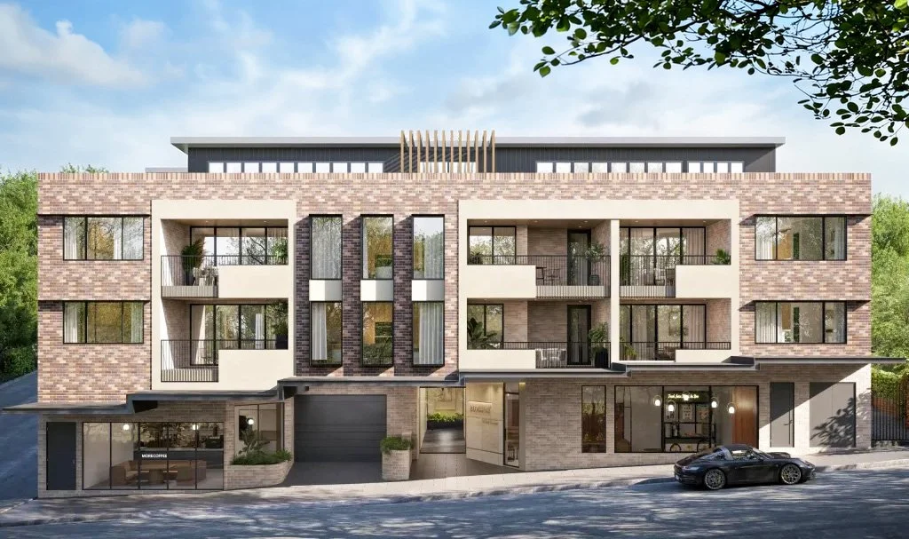 Stonepeak Construction Digital-First Approach. Pymble Blossom render. Modern multi-story residential building under construction.