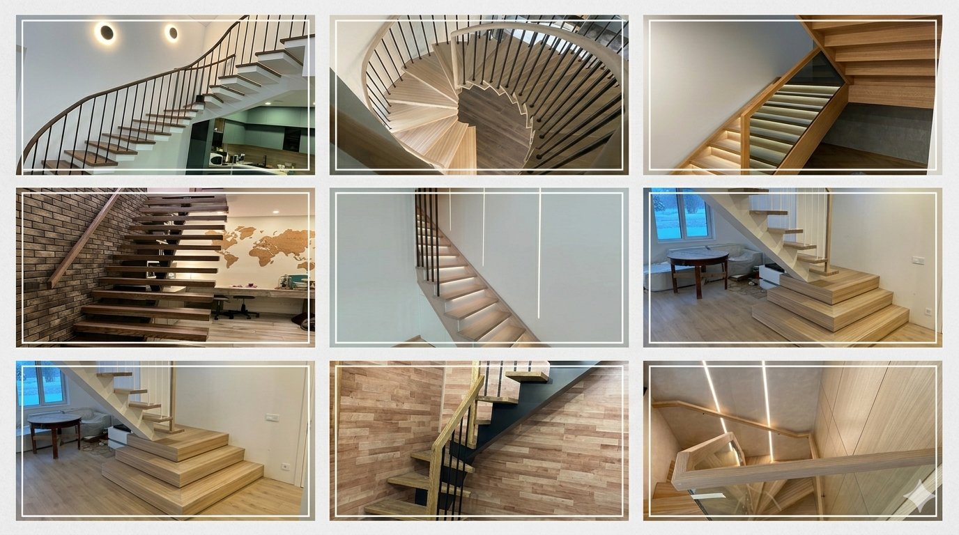 Devynių vaizdų koliažas, kuriame vaizduojami įvairūs mediniai ir modernūs laiptai skirtingose ​​vidaus aplinkose.