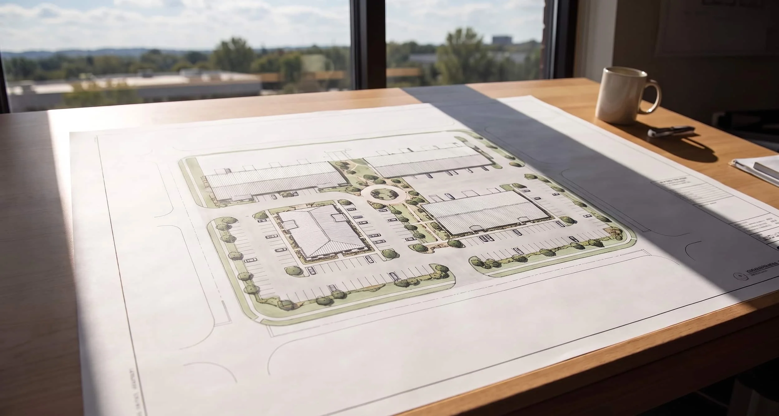 An architectural site plan laid out on a large sheet of paper on a wooden table, with a coffee mug, pens, and documents nearby, and a window showing an outdoor view in the background.