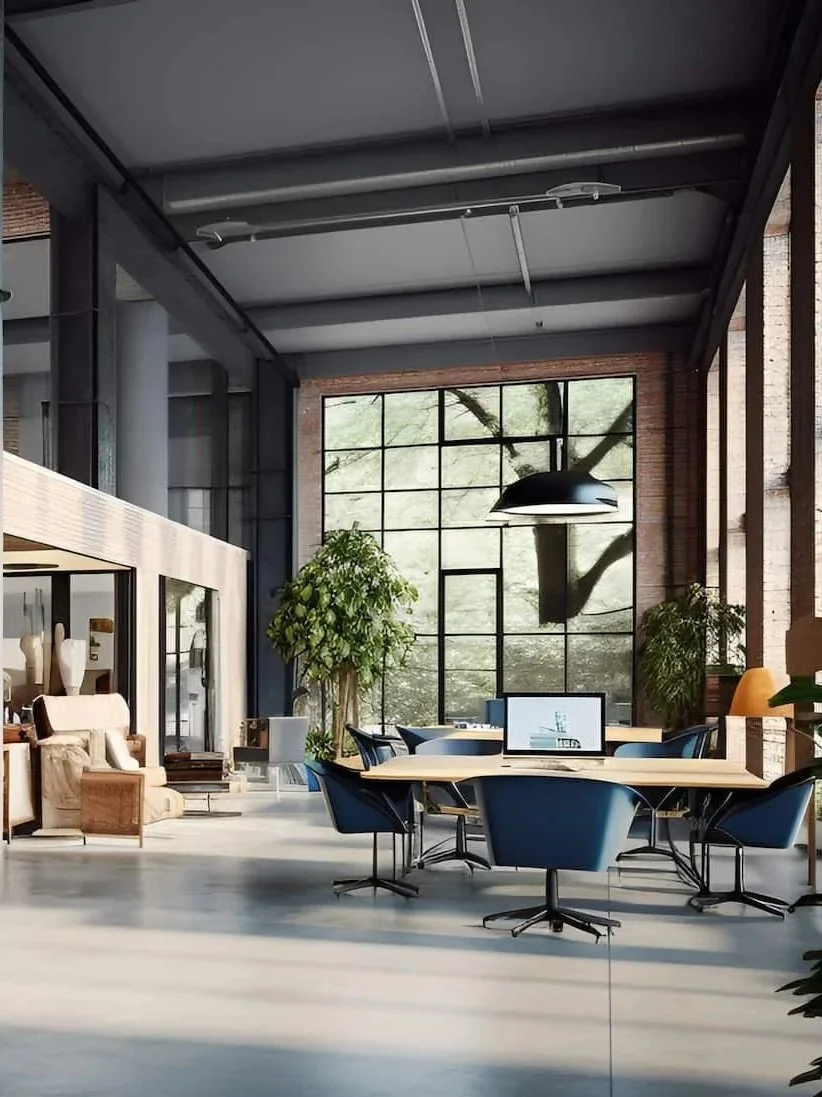 Modern office space with a large window, green plants, a wooden table with office chairs, and a computer monitor. Natural light fills the room.