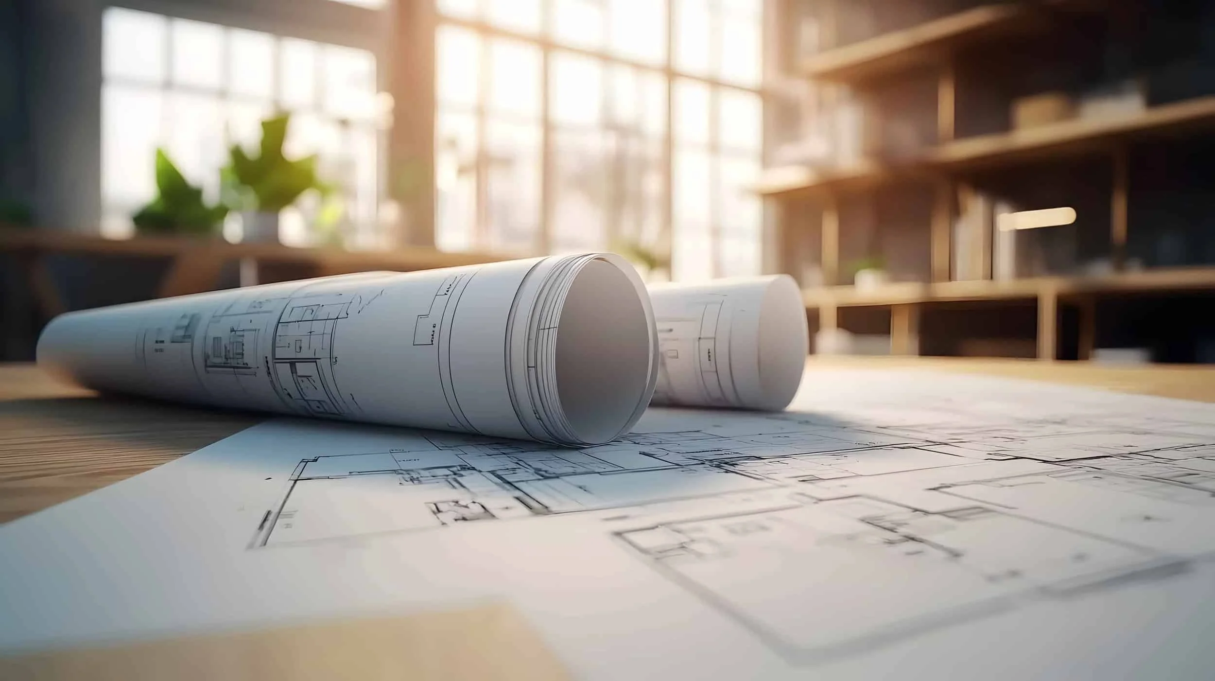 Blueprint plans and rolled architectural drawings on a wooden table in a well-lit modern office or studio space.