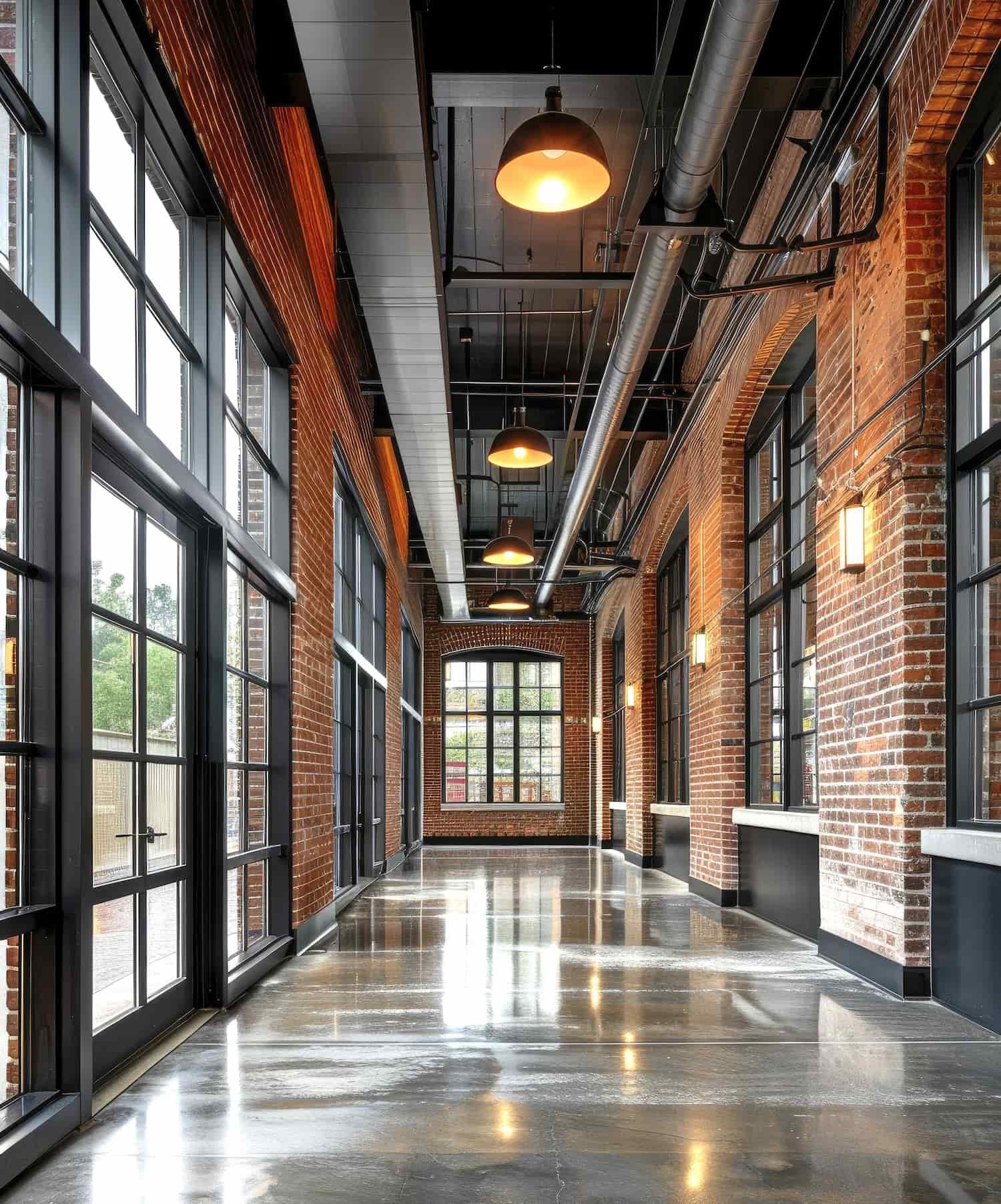 Empty industrial-style hallway with large windows, exposed brick walls, polished concrete floors, and hanging industrial light fixtures.