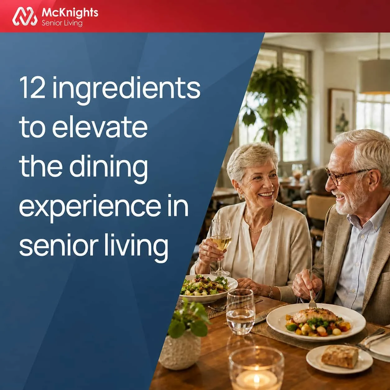 Elderly couple enjoying a dinner together, smiling and laughing in a well-lit restaurant with plates of food and drinks on the table.