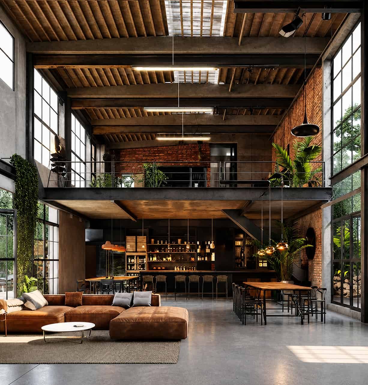 Modern industrial loft living room with large windows, exposed brick walls, wooden ceiling beams, a leather sectional sofa, coffee table, bar area with high chairs, and upper balcony with plants.