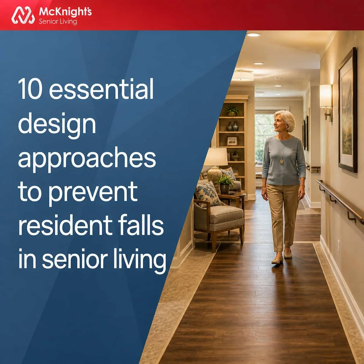 Brochure cover for McKnight's Senior Living, titled '10 essential design approaches to prevent resident falls in senior living,' featuring an elderly woman walking in a well-lit, accessible senior living interior with handrails along the wall.