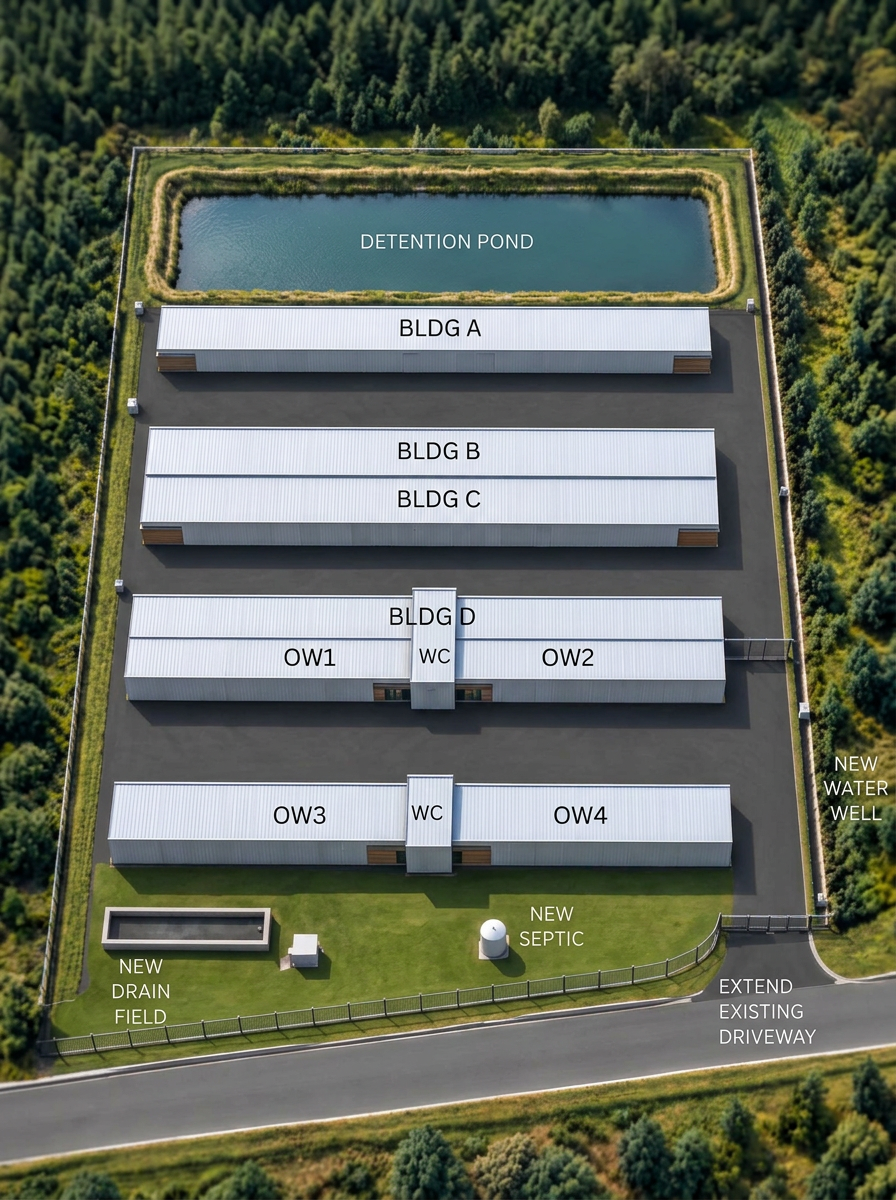 A top-down aerial view of a water treatment facility with multiple buildings labeled BLDG A, B, C, D, OW1, OW2, OW3, OW4, and nearby infrastructure such as a detention pond, new septic, new drain field, and an existing driveway.